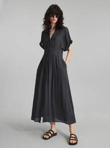 Ontre 2025新款女士纯色V领蝙蝠袖褶裥单排扣休闲连衣裙，优雅夏季中长连衣裙，毕业礼服，度假海滩音乐节休闲连衣裙，圣诞节服装，秋冬新年服装 - 藏蓝色 - 查看 6