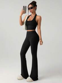 SHEIN ICON Bộ 2 món cho nữ, áo hở lưng màu xám và quần dài, trang phục thể thao cơ bản thường ngày - màu đen - Xem 4