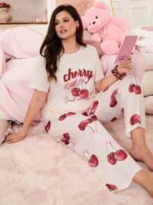 SweetSlumber Conjunto de ropa de dormir de talla grande con estampado de lazo de cereza y cuello redondo cómodo
