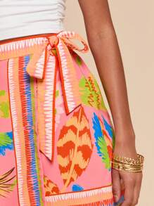 Travachic 女式鹦鹉印花裹身休闲迷你裙，夏季 - 粉色 - 查看 5