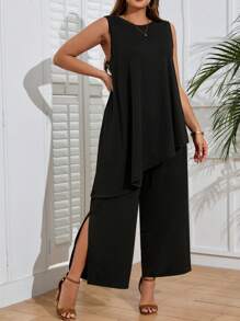 EMERY ROSE Set de 2 piezas Talla grande Mujeres Elegante Casual Blusa con bajo asimétrico y Pantalones cortos con abertura en la pierna Conjunto de Verano para Mujeres - Negro - Ver 1