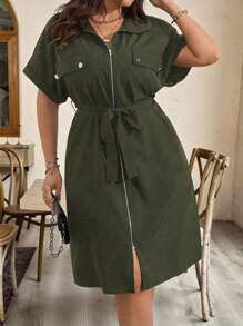 SHEIN LUNE 加大码纯色拉链系带蝙蝠袖夏季长款连衣裙女装