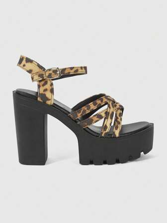 Grunge Punk Women's Leopard Print High Heel Sandals, Summer Open Toe Chunky Heel Strap Formal Work Crossover Strappy Dress Heels
