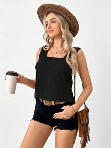 SHEIN LUNE 纯色宽肩带简约休闲上衣，休闲款 - 黑色 - 查看 5