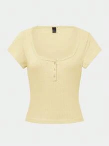 Zielony Sweet Lace Trim Short Sleeve T-Shirt For Women, New Summer Slim Fit 3-Button Half Sleeve Top