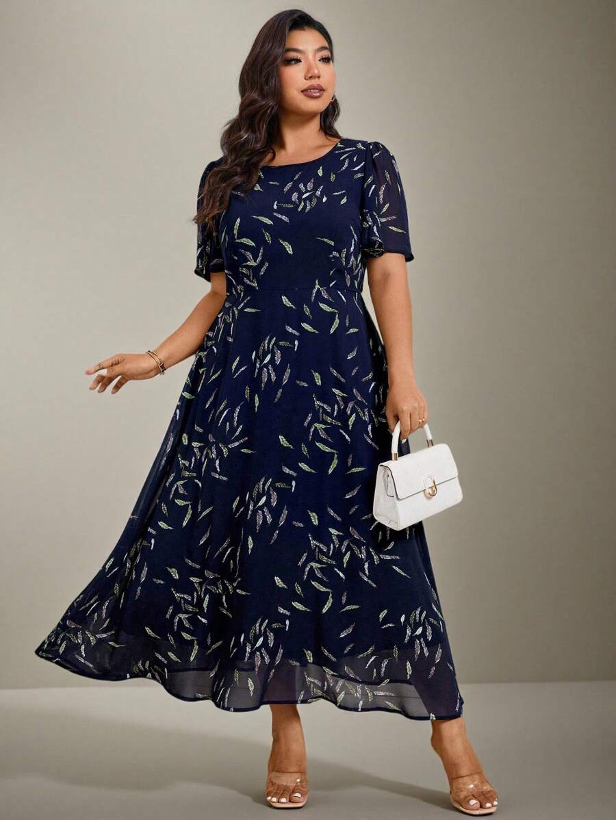 Flouryn Women's Plus Size Elegant Chiffon Printed A-Line Dress Vacation Spring Dress Summer Women Outfit Elegant Formal Women Dresses Easter Women Dress Tea Party Outfit