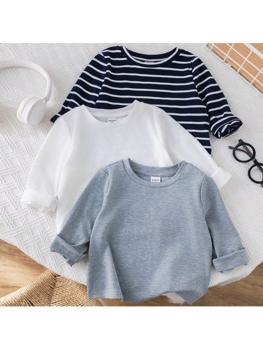 Loomiva Infant 3pcs Set Black White Striped & Solid Color Crew Neck Long Sleeve Sweatshirt Tops, Soft, Comfortable, Versatile For Home & Outdoor Wear, Spring Autumn - Multicolor - View 1