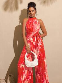 Vesra Woman All-Over Print Pleated Drawstring Jumpsuit, Vacation Pleated Jumpsuit