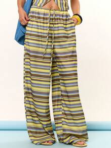 MUSERA Mid Rise Tie Front Striped Wide Leg Trousers Cover Up Beach Swim Summer Vacation Holiday Festival Cute Casual Elegant Tuscan Sun Bathing Suit - Yellow - View 2
