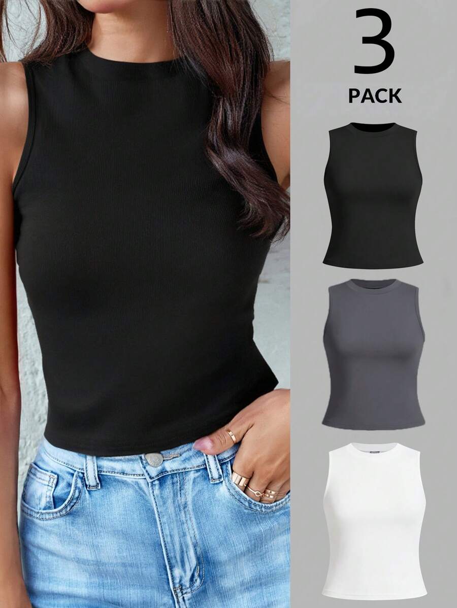 SHEIN LUNE Bộ 3 áo hai dây cổ tròn màu trơn đa năng dành cho nữ, đen/trắng/xám, thích hợp mặc đi học mùa hè. - Nhiều màu - Xem 1