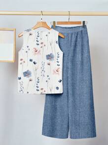 SHEIN Clasi Set de 2 piezas de ropa casual de mujer con estampado floral, estilo retro, apto para el verano y uso diario