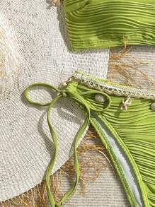 Swim Vcay 2 件套女士海滩夏季服装 - 纹理纯色贝壳肩带装饰抹胸系带比基尼套装 - 綠色 - 查看 4