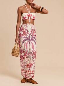 Travachic Rochie lungă cu imprimeu complet și talie goală pentru femei - Roz - Vizualizare 5