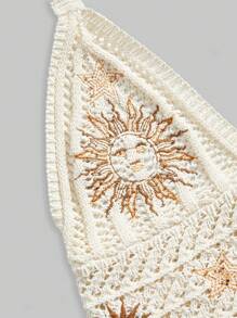 ROMWE Hippie Women's Bohemian Embroidered Top With Moon And Star Pattern - Apricot - View 4