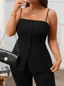 Vionelle Women's Elegant Commuter French Style Front Button Split Hem Camisole Top For Tea Party, Spring/Summer - Black - View 1