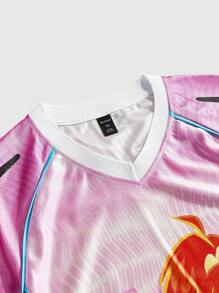 ROMWE MEN Winx Club X ROMWE Men's Casual Cartoon Pattern Colorblock V-Neck Short Sleeve T-Shirt, 2000s Style - Pink - View 3