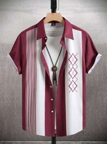 Manfinity Homme Men's Summer Striped Geometric Single-Breasted Casual/Office Short Sleeve Shirt - Burgundy - View 3