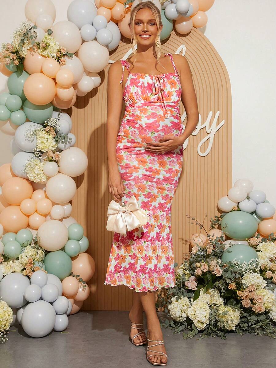 Loomaby 孕妇花卉印花前系带修身优雅细肩带连衣裙 - 杏色 - 查看 1