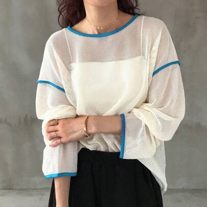 여성 대비 바인딩 셔 드롭 숄더 긴팔 탑