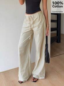 Siren Gaze 女士 100% 纯棉舒适休闲夏季度假裤、亚麻长裤 - 杏色 - 查看 1