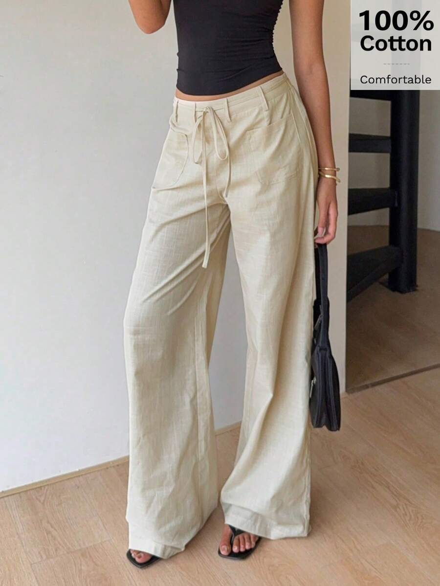 Siren Gaze 女士 100% 纯棉舒适休闲夏季度假裤、亚麻长裤 - 杏色 - 查看 1