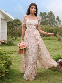 Modelyn 女士花卉印花甜心领泡泡袖优雅连衣裙 - 淡紫色 - 查看 5