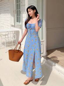 DAZY Women's Square Neck Waist Cinched Short Sleeve Split Midi Dress