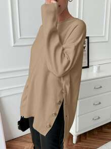 EURMUSE Side Snap Button Crew Neck Casual Pullover Sweatshirt, Simple & Fashionable For Daily Wear - Camel - View 6