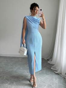 Elenzga Robe longue slim à taille élastiquée, fente avant et col montant en tissu texturé bleu pour femmes - Bleu azur - Voir 5