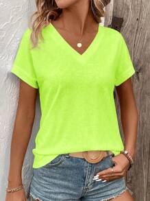 SHEIN LUNE Áo thun nữ cổ chữ V tay ngắn dáng rộng thoải mái mùa hè, màu xanh neon - màu xanh lá - Xem 4