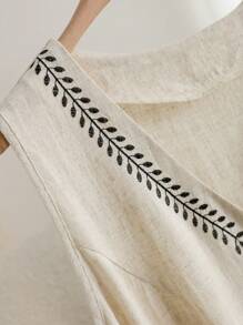 CosyJoli 女士休闲度假刺绣无袖衬衫背心，纽扣衬衫，米色竹麻衬衫 - 杏色 - 查看 4