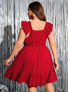 SHEIN Clasi Vestido de cuello cuadrado bajo con fruncido - Rojo - Ver 2