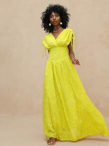 Vesra 女式V领雪纺镂空蝙蝠袖束腰长裙