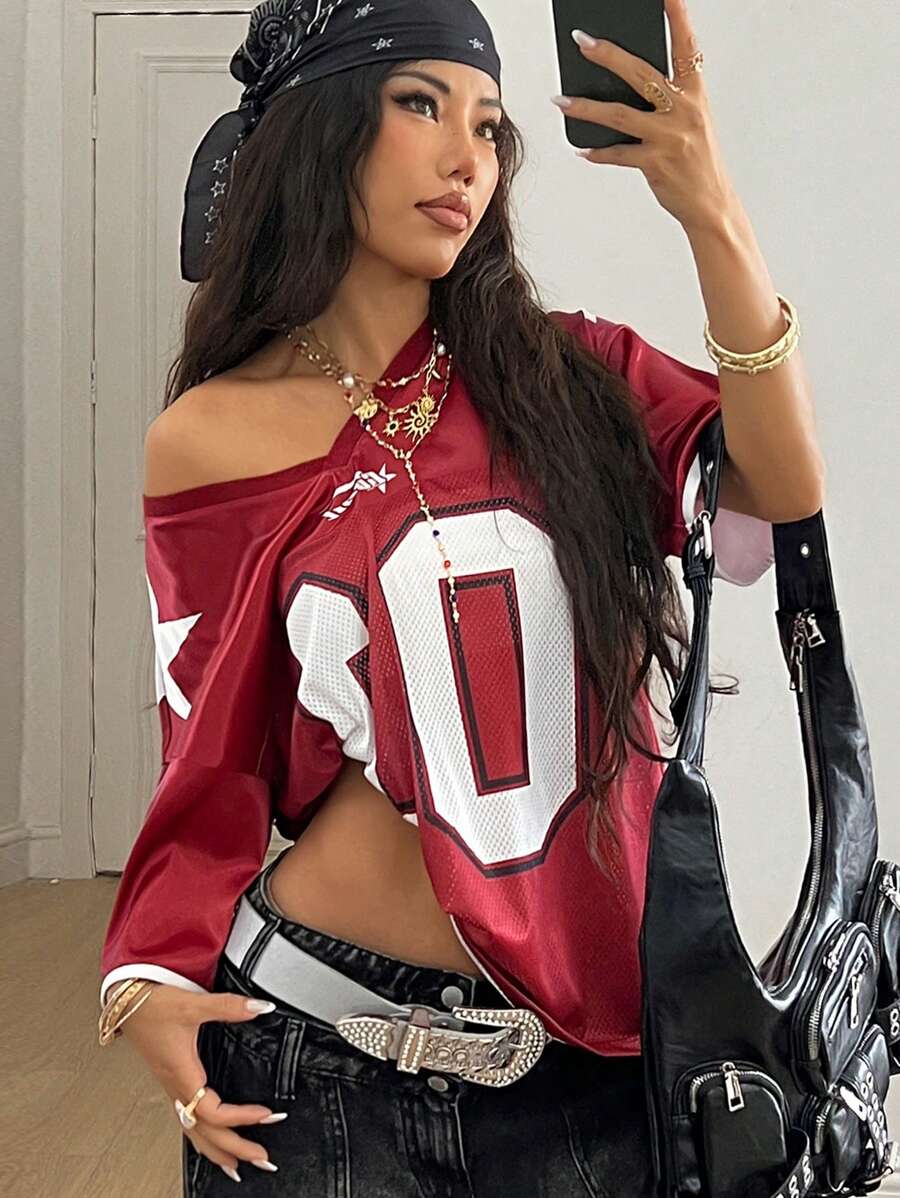 Coolane Tween Girls Spring/Summer Y2K Going Out Game Day Streetwear Number Pattern Over Size Jersey T-Shirt - Burgundy - View 1