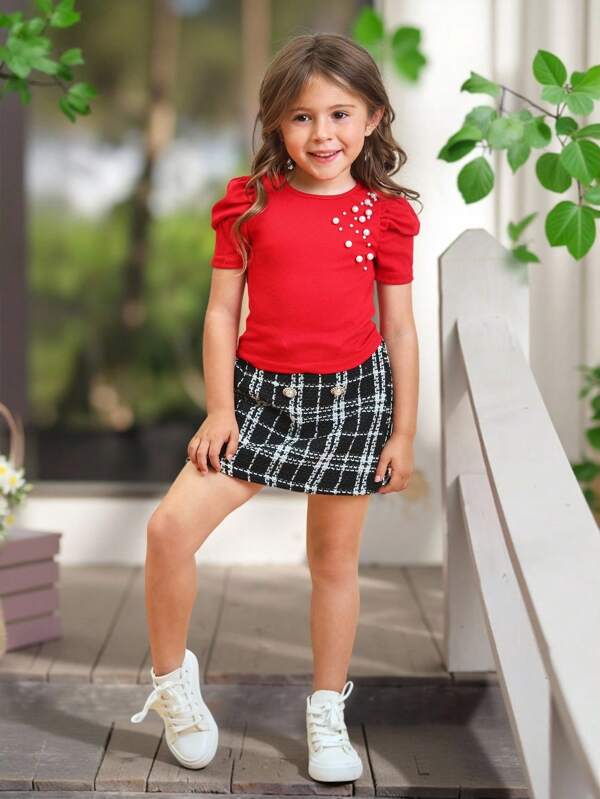 SHEIN Tricou casual cu mânecă scurtă, cu perle și mărgele, culoare solidă, cu mânecă volantă, pentru fete tinere