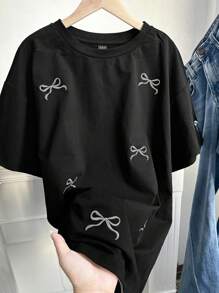 Comfortcana Plus Size Women Summer Bow Print Round Neck Short Sleeve Casual Oversized T-Shirt,Holiday Outfits,Graphic Tees,Cute,Vacation,European Summer,Country,Beach, Y2k Tops, Black Graphic Tee,2000s Style,School