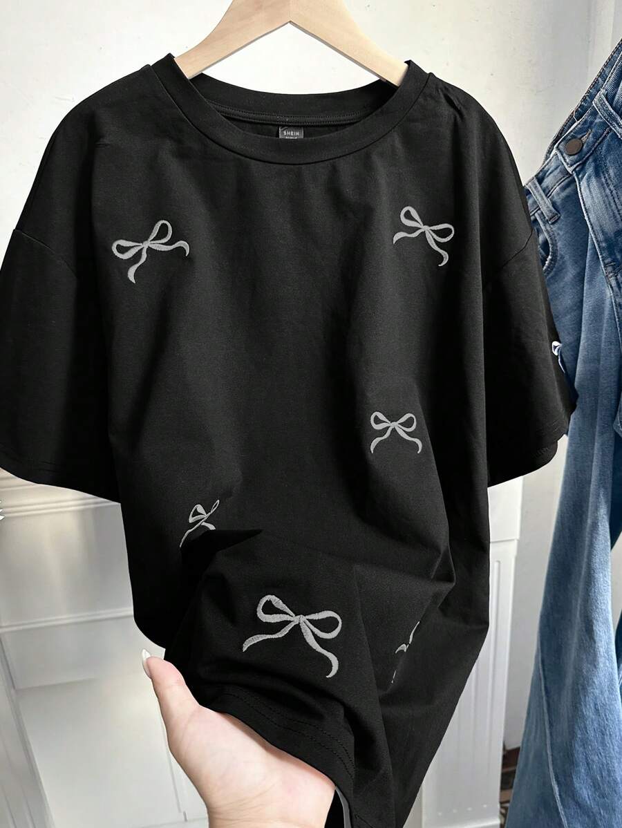 Comfortcana Plus Size Women Summer Bow Print Round Neck Short Sleeve Casual Oversized T-Shirt,Holiday Outfits,Graphic Tees,Cute,Vacation,European Summer,Country,Beach, Y2k Tops, Black Graphic Tee,2000s Style,School