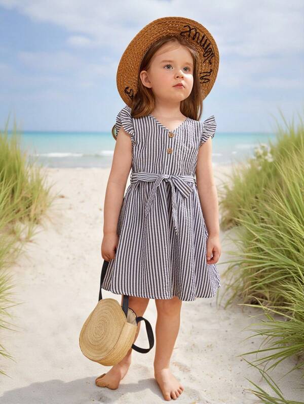 SHEIN Young Girl Striped Butterfly Sleeve Belted Dress