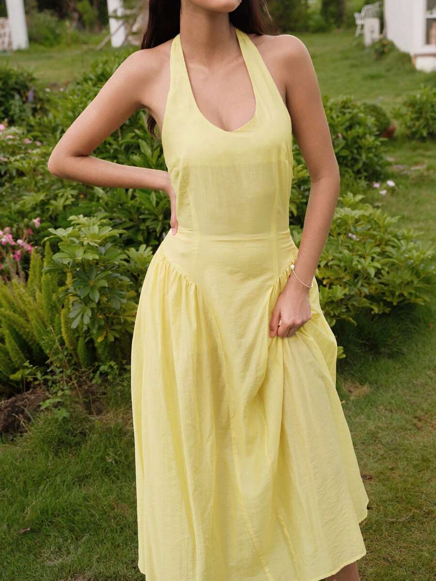 Modelyn Women's Elegant Solid Color Pleated V-Neck Sleeveless Summer Dress - Blue - View 1