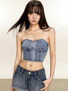 INAWLY 夏季修身性感短款牛仔抹胸 - 淺色水洗藍 - 查看 7
