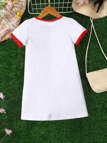 THE POWERPUFF GIRLS X SHEIN Young Girl Summer Casual Cartoon And Heart Pattern Round Neck Contrast Trim Short Sleeve Tee Dress