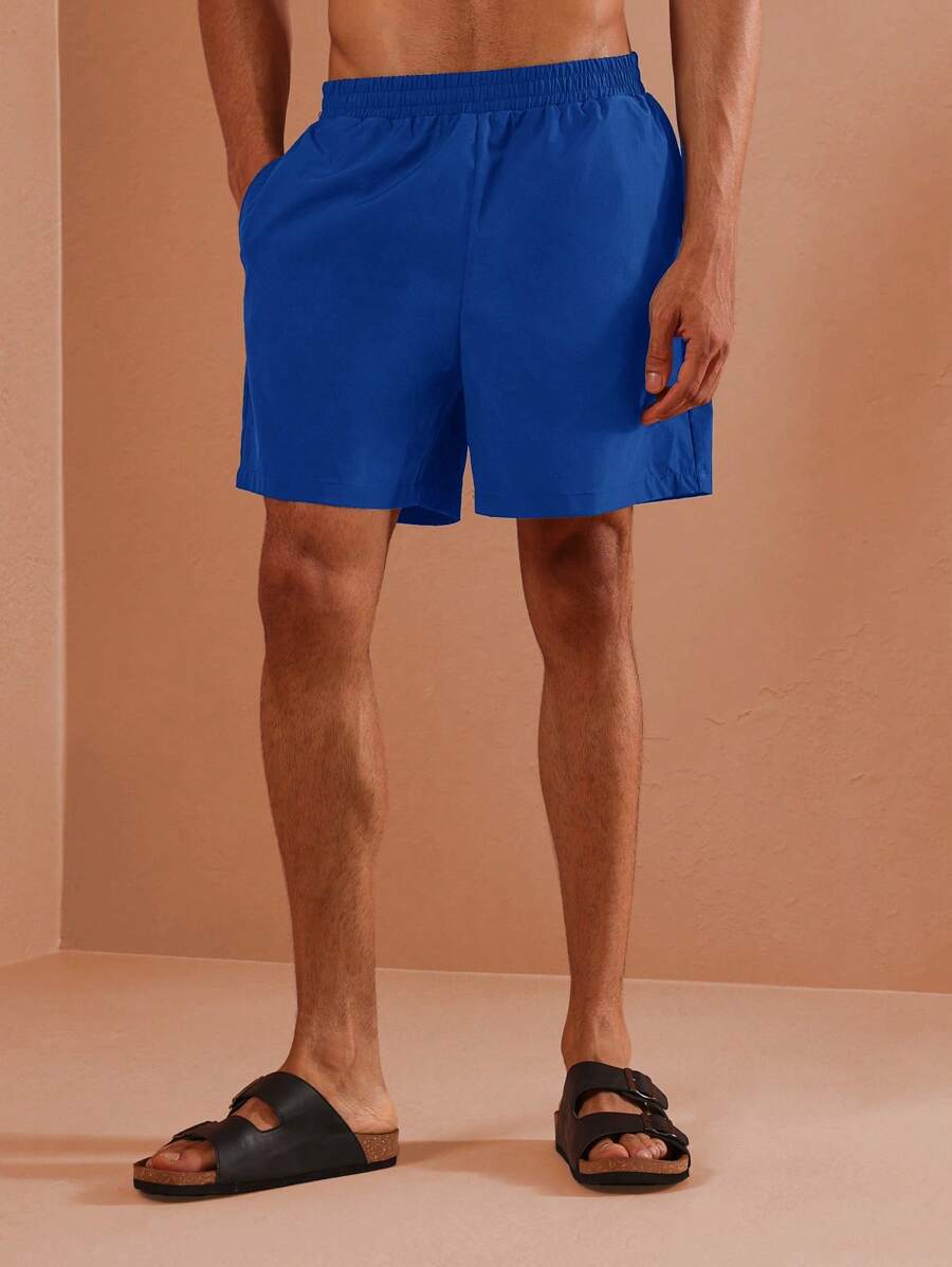 SUMWON 常规版型套穿式沙滩短裤经典夏季度假泳池泳裤度假休闲居家服抽绳宽松泳裤 - 寶藍色 - 查看 1