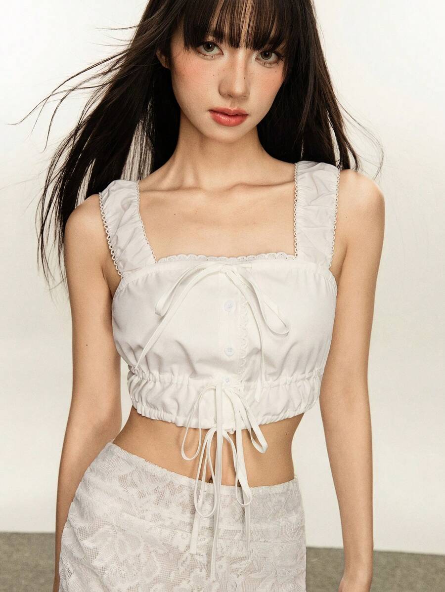 Rina Fox Áo ba lỗ dây rộng đơn giản buộc dây màu trắng dành cho nữ, mùa hè - trắng - Xem 1