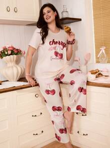 SweetSlumber Conjunto de ropa de dormir de talla grande con estampado de lazo de cereza y cuello redondo cómodo