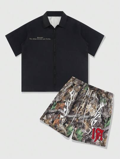 Prep Street 2pcs Religious Men's Full Print Short Sleeve Shirt & Shorts Casual Summer Outfit Set