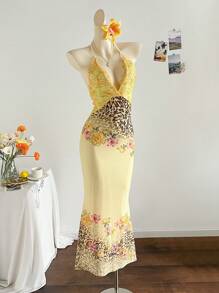 Soleia 度假蕾丝拼布豹纹花卉印花黄色露背鱼尾超长紧身连衣裙