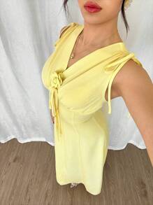 Modelyn 女式法式简约 V 领抽绳腰褶饰花裙，迷人优雅的夏季 - 黃色 - 查看 7