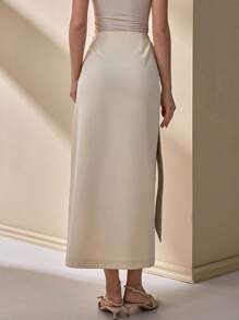 CLARA VERO Falda larga elegante de longitud media, con pliegues frontales laterales, de tela de concha ceñida con cinturón, para mujer, de unicolor, para primavera y verano