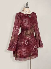 SHEIN ICON 大码女装秋季连衣裙，女士长袖连衣裙，Y2k 复古佩斯利网眼喇叭袖性感节日连衣裙，适合日常穿着 - 彩色 - 查看 5