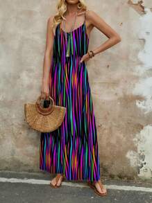 EMERY ROSE 女式彩色渐变条纹弹力休闲度假背心裙，轻盈舒适，适合夏季度假 - 彩色 - 查看 10